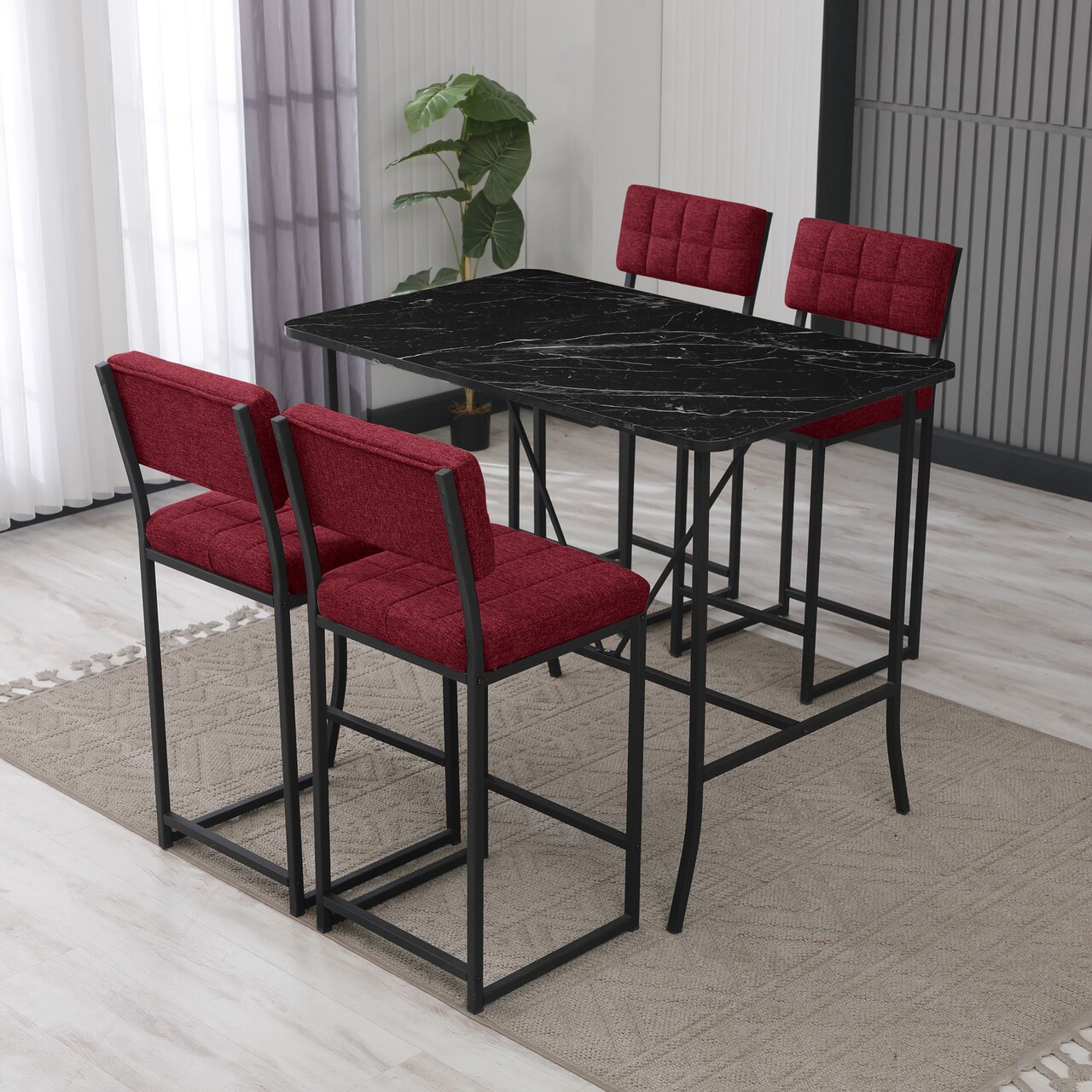 Set masa si 4 scaune de bar, Hanah Home, Retro, Burgundiu / Negru - imagine 7
